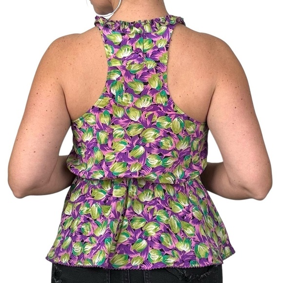 Odille Anthropologie 100% Silk Floral Ruffle Blouse Sleeveless Girly Coquette - Picture 2 of 15